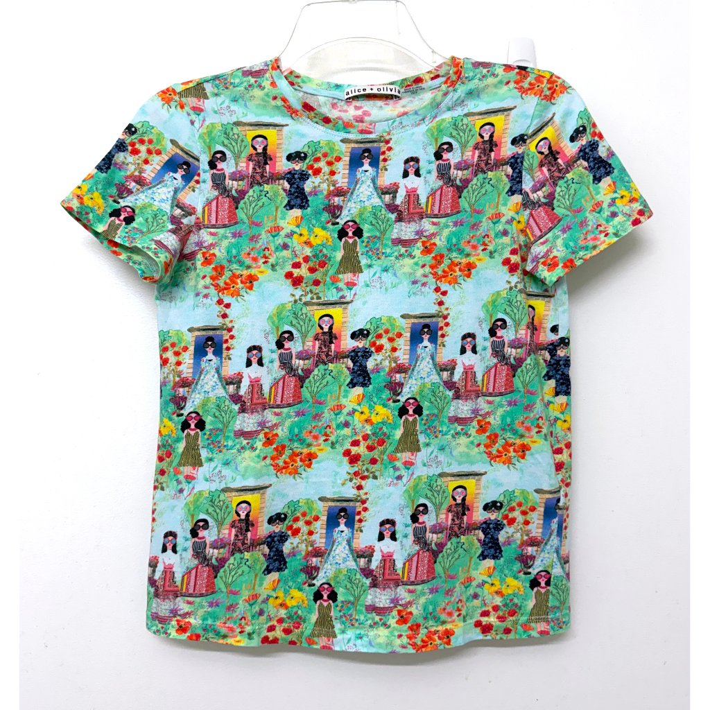 Alice + Olivia Rylyn Palace Print T Shirt Tee Blue Green Floral Stace Face Xs